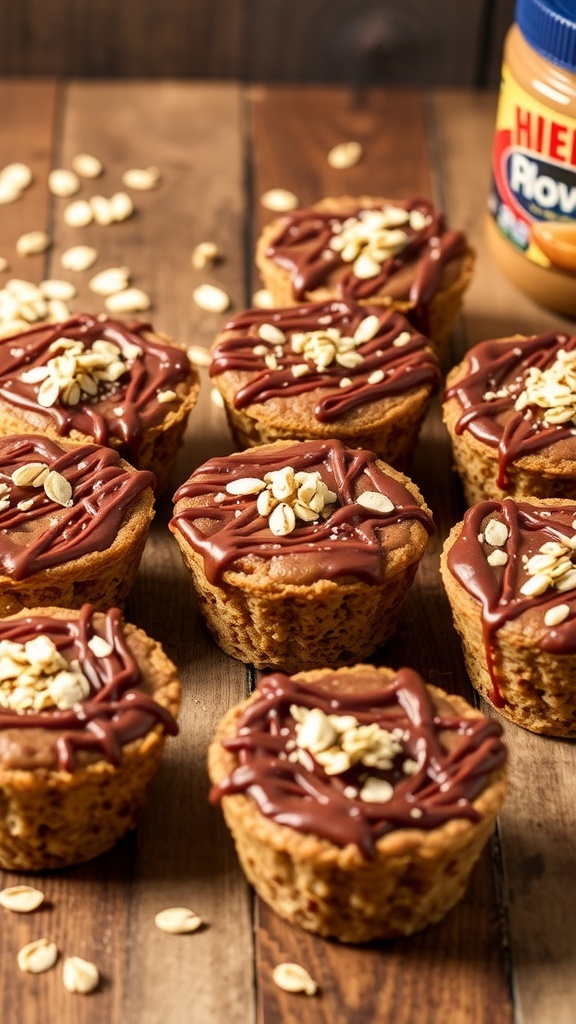 No-bake peanut butter chocolate oat cups on a wooden table, topped with chocolate drizzle and oats.